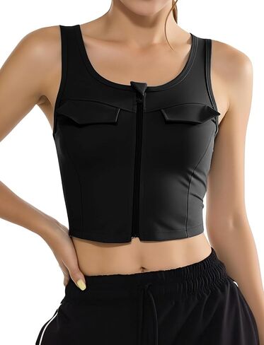 FEOYA Women's Cargo Tank Top Front Zip Workout Yoga Crop Top U Neck Sleeveless Athletic Fitness Gym Vest in Saudi Arabia