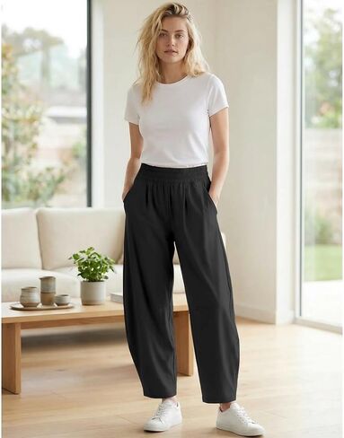 Barrel Pants Women Lightweight Quick Dry Elastic Waisted Sweatpants Baggy Tapered Leg Crop Ankle Trouser with Pockets(Black,L) in Saudi Arabia
