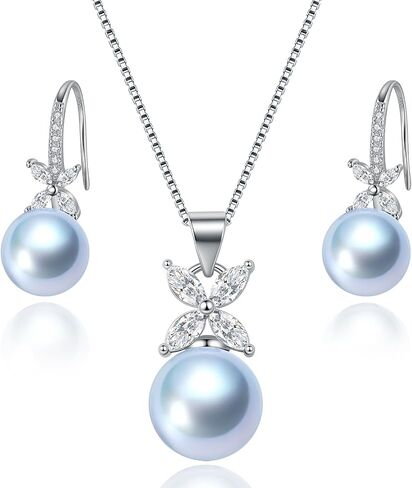 Pearl Necklace and Earrings Set, S925 Sterling Silver Four Leaf Clover 10-11mm Round Blue/Black/Golden/White/Purple Cultured Pearls Pendant & 8-8.5mm Hook Earrings, Jewelry Gift for Women in Saudi Arabia
