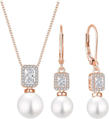 18K Rose Gold Plated Pearl Jewelry Set 925 Sterling Silver Cubic Zirconia and Pearl Necklace Earrings April Birthstone Jewelry for Women in Kuwait