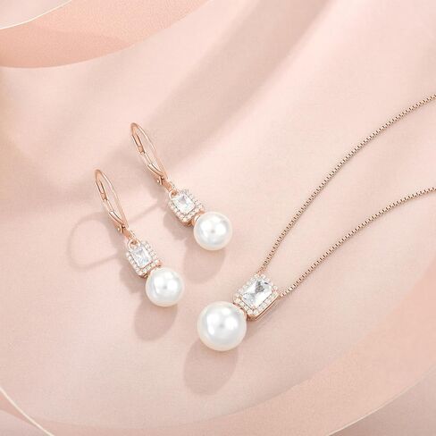 18K Rose Gold Plated Pearl Jewelry Set 925 Sterling Silver Cubic Zirconia and Pearl Necklace Earrings April Birthstone Jewelry for Women in Kuwait