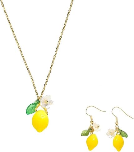 QCWN Cute Lemon Necklace And Earring Sets For Women Fruit Jewelry Set For Women 925 Sterling Silver Charms Yellow Lemon Jewelry Set charms Lemon Accessories For Women Lemon Themed Gifts in Saudi Arabia