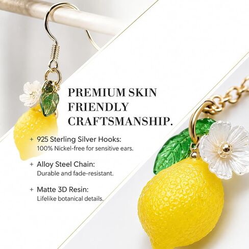 QCWN Cute Lemon Necklace And Earring Sets For Women Fruit Jewelry Set For Women 925 Sterling Silver Charms Yellow Lemon Jewelry Set charms Lemon Accessories For Women Lemon Themed Gifts in Saudi Arabia
