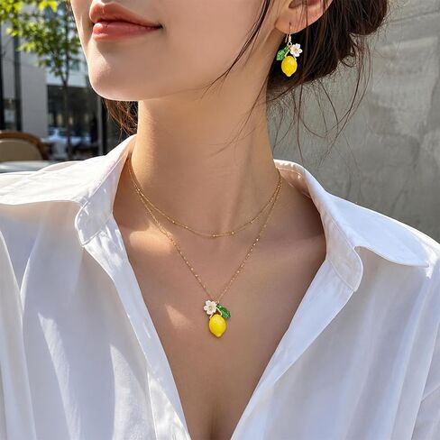 QCWN Cute Lemon Necklace And Earring Sets For Women Fruit Jewelry Set For Women 925 Sterling Silver Charms Yellow Lemon Jewelry Set charms Lemon Accessories For Women Lemon Themed Gifts in Saudi Arabia