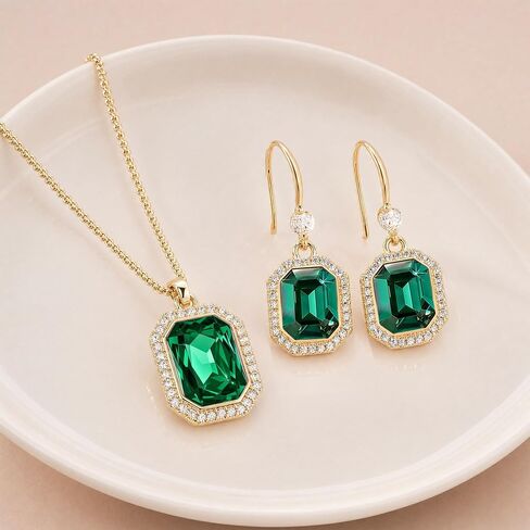 EVEVIC Austrian Crystals Halo Octagon Pendant Necklace and Earring Sets for women 14K Gold Plated Hypoallergenic Jewelry Sets Gift for Birthday Anniversary Wedding in Kuwait