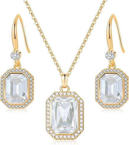 EVEVIC Austrian Crystals Halo Octagon Pendant Necklace and Earring Sets for women 14K Gold Plated Hypoallergenic Jewelry Sets Gift for Birthday Anniversary Wedding in Kuwait