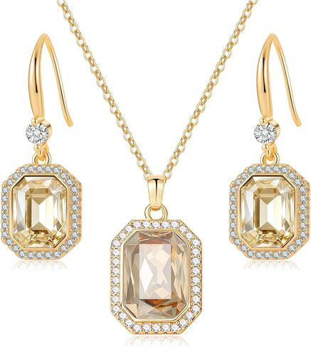 EVEVIC Austrian Crystals Halo Octagon Pendant Necklace and Earring Sets for women 14K Gold Plated Hypoallergenic Jewelry Sets Gift for Birthday Anniversary Wedding in Kuwait