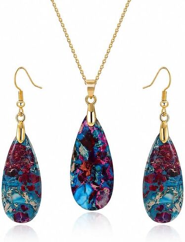 Natural Healing Stone Necklaces for Women Boho Crystal Drop Earrings Set Unique Emperor Stone Pendant Necklace for Birthday Party Jewelry Gift in Saudi Arabia