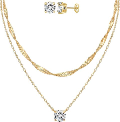 7-Piece Set 14K Gold Plated Jewelry Set Dainty Layered Necklaces CZ Stud Earring Huggie Hoop Earrings Chain Bracelets Gifts for Women in Kuwait