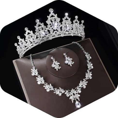 Crowns and Tiaras jewelry sets for Wedding princess birthday party Halloween Prom Pageant，Silver Crystal Bridal Jewelry Set for Women in Saudi Arabia