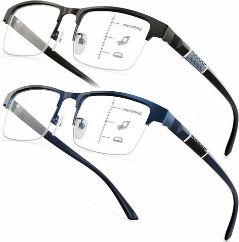 DEHOTRE 2 Pack Progressive Multifocus Reading Glasses Men Semi Rimless Stainless Steel Frame TR90 Temple No Line Blue Light Blocking Computer Readers Workspace for Near Range Black & Blue 1.50 in Saudi Arabia