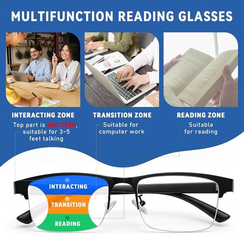 DEHOTRE 2 Pack Progressive Multifocus Reading Glasses Men Semi Rimless Stainless Steel Frame TR90 Temple No Line Blue Light Blocking Computer Readers Workspace for Near Range Black & Blue 1.50 in Saudi Arabia