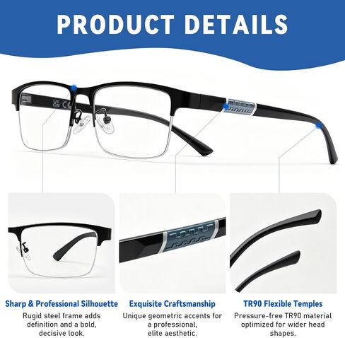 DEHOTRE 2 Pack Progressive Multifocus Reading Glasses Men Semi Rimless Stainless Steel Frame TR90 Temple No Line Blue Light Blocking Computer Readers Workspace for Near Range Black & Blue 1.50 in Saudi Arabia