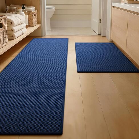 YIHOUSE Bathroom Rugs Sets 2 Piece Non Slip Washable, Absorbent Quick Dry Bath Mat Set, Weave Texture Low Profile Bath Rugs, Floor Mats for Bathroom, Tub & Shower (17"x24" + 17"x47", Dark Blue) in Saudi Arabia