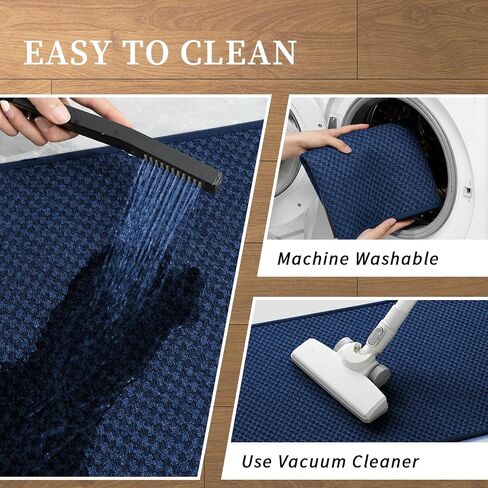 YIHOUSE Bathroom Rugs Sets 2 Piece Non Slip Washable, Absorbent Quick Dry Bath Mat Set, Weave Texture Low Profile Bath Rugs, Floor Mats for Bathroom, Tub & Shower (17"x24" + 17"x47", Dark Blue) in Saudi Arabia