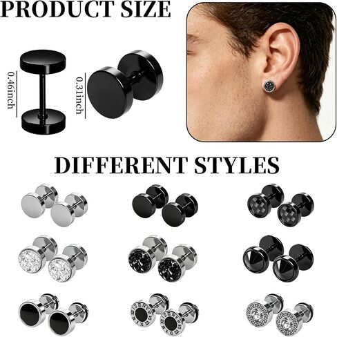 9 Pairs Stainless Steel Stud Screw Back Round Cheater Plug Earrings Unisex Piercing Ear Plug Jewelry Classic Metal Ear Ornaments For Women And Men in Saudi Arabia
