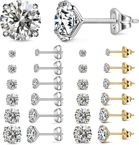 Stud Earrings 6 Pairs Set for Women Men, Hypoallergenic Cubic Zirconia 20G 18G 316L Stainless Steel CZ Earrings 3-8mm for Multiple Piercing Jewelry Stud Earring(Silver/Gold Color) in Kuwait