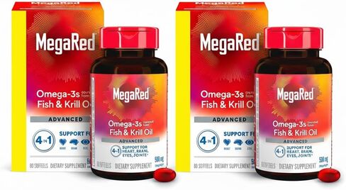 MegaRed Advanced 4-in-1 2X Concentrated 500mg Omega-3 Fish Oil & Antarctic Krill Oil with Fatty Acid, EPA/DHA Supports Heart, Brain, Joints, Eye Health 80 Count Softgels (2 Pack) in Saudi Arabia