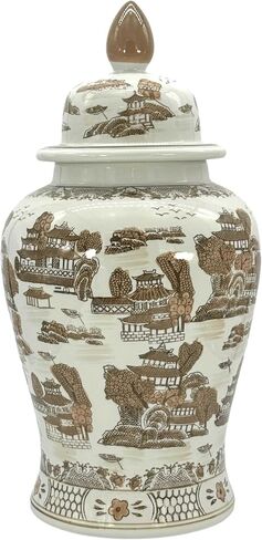 Galt International Large 25" Blue & White Parrot Floral Chinoiserie Ceramic Temple Jar w/Lid - Ginger Jar Home & Kitchen Decor for Interior Design - 25-inch in Saudi Arabia