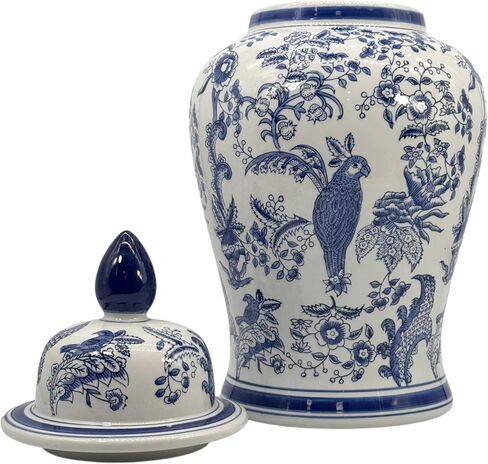 Galt International Large 25" Blue & White Parrot Floral Chinoiserie Ceramic Temple Jar w/Lid - Ginger Jar Home & Kitchen Decor for Interior Design - 25-inch in Saudi Arabia