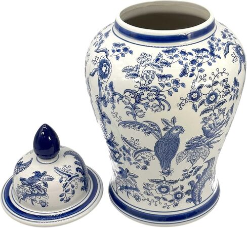 Galt International Large 25" Blue & White Parrot Floral Chinoiserie Ceramic Temple Jar w/Lid - Ginger Jar Home & Kitchen Decor for Interior Design - 25-inch in Saudi Arabia