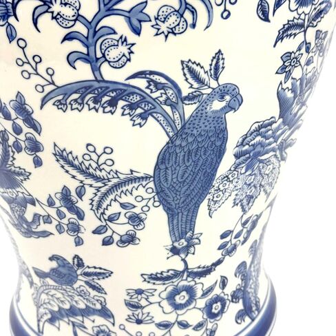 Galt International Large 25" Blue & White Parrot Floral Chinoiserie Ceramic Temple Jar w/Lid - Ginger Jar Home & Kitchen Decor for Interior Design - 25-inch in Saudi Arabia