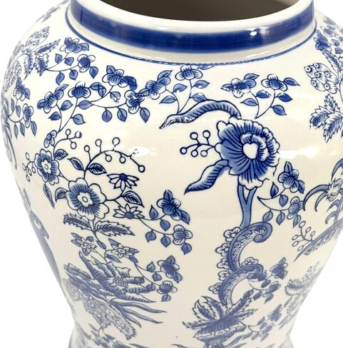 Galt International Large 25" Blue & White Parrot Floral Chinoiserie Ceramic Temple Jar w/Lid - Ginger Jar Home & Kitchen Decor for Interior Design - 25-inch in Saudi Arabia