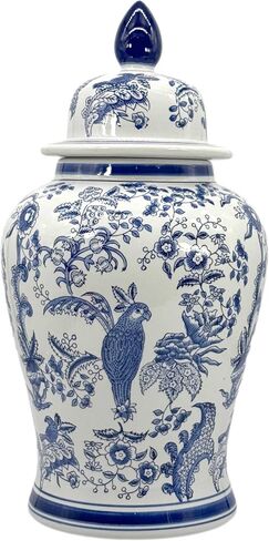 Galt International Large 25" Blue & White Parrot Floral Chinoiserie Ceramic Temple Jar w/Lid - Ginger Jar Home & Kitchen Decor for Interior Design - 25-inch in Saudi Arabia