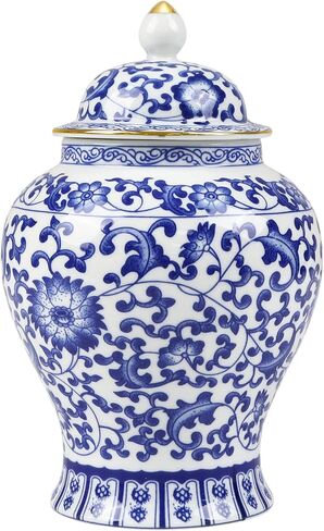 Chinoiserie Blue White Ginger Jar With Lid, 7.5'' Ceramic Porcelain Tea Nut Herb Airtight Storage, Decorative Flower Branches Chinese Style Vase, Traditional Antique Vintage Home Decor for Living Room in Saudi Arabia