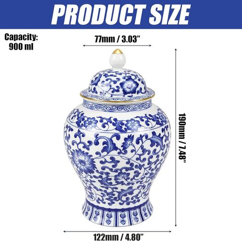 Chinoiserie Blue White Ginger Jar With Lid, 7.5'' Ceramic Porcelain Tea Nut Herb Airtight Storage, Decorative Flower Branches Chinese Style Vase, Traditional Antique Vintage Home Decor for Living Room in Saudi Arabia