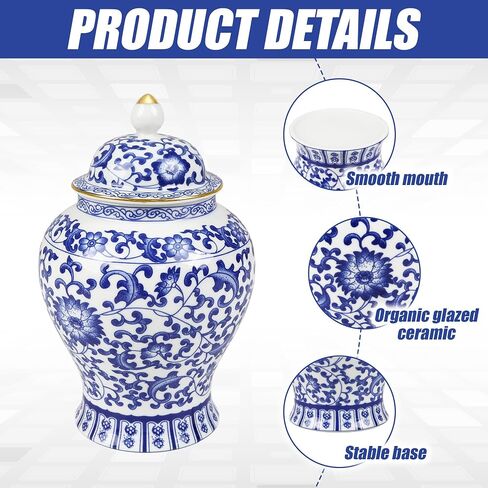 Chinoiserie Blue White Ginger Jar With Lid, 7.5'' Ceramic Porcelain Tea Nut Herb Airtight Storage, Decorative Flower Branches Chinese Style Vase, Traditional Antique Vintage Home Decor for Living Room in Saudi Arabia