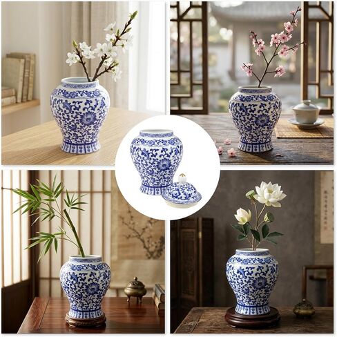 Chinoiserie Blue White Ginger Jar With Lid, 7.5'' Ceramic Porcelain Tea Nut Herb Airtight Storage, Decorative Flower Branches Chinese Style Vase, Traditional Antique Vintage Home Decor for Living Room in Saudi Arabia