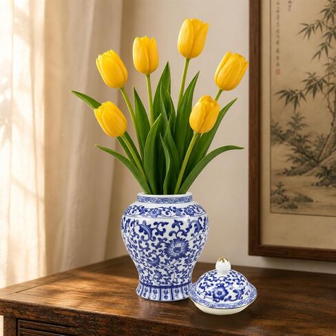Chinoiserie Blue White Ginger Jar With Lid, 7.5'' Ceramic Porcelain Tea Nut Herb Airtight Storage, Decorative Flower Branches Chinese Style Vase, Traditional Antique Vintage Home Decor for Living Room in Saudi Arabia