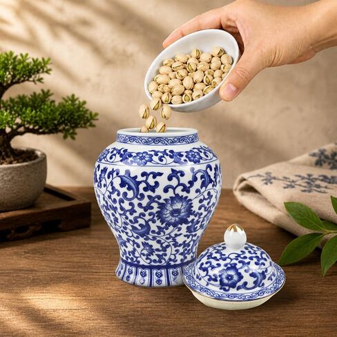 Chinoiserie Blue White Ginger Jar With Lid, 7.5'' Ceramic Porcelain Tea Nut Herb Airtight Storage, Decorative Flower Branches Chinese Style Vase, Traditional Antique Vintage Home Decor for Living Room in Saudi Arabia