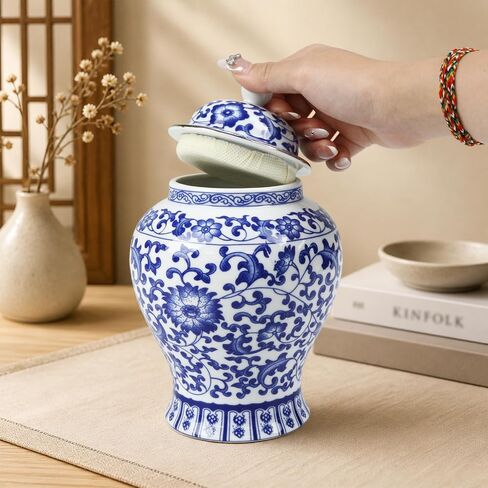 Chinoiserie Blue White Ginger Jar With Lid, 7.5'' Ceramic Porcelain Tea Nut Herb Airtight Storage, Decorative Flower Branches Chinese Style Vase, Traditional Antique Vintage Home Decor for Living Room in Saudi Arabia