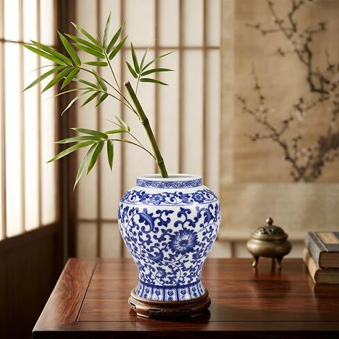 Chinoiserie Blue White Ginger Jar With Lid, 7.5'' Ceramic Porcelain Tea Nut Herb Airtight Storage, Decorative Flower Branches Chinese Style Vase, Traditional Antique Vintage Home Decor for Living Room in Saudi Arabia