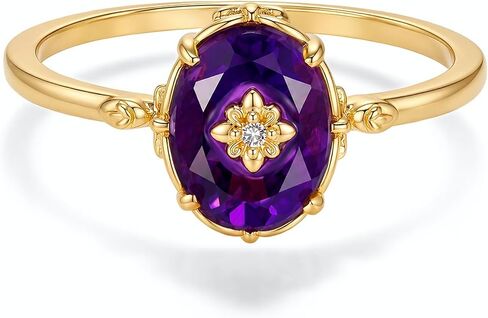 Glowave Amethyst Gemstone Ring for Women, Gold Plated Oval Purple Ring with Floral Detail, Delicate Vintage-Inspired Ring, Birthday Gift for Her in Saudi Arabia