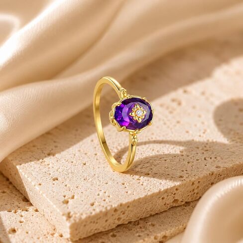 Glowave Amethyst Gemstone Ring for Women, Gold Plated Oval Purple Ring with Floral Detail, Delicate Vintage-Inspired Ring, Birthday Gift for Her in Saudi Arabia