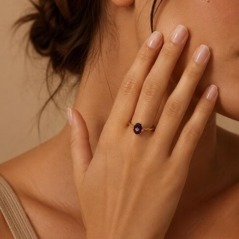 Glowave Amethyst Gemstone Ring for Women, Gold Plated Oval Purple Ring with Floral Detail, Delicate Vintage-Inspired Ring, Birthday Gift for Her in Saudi Arabia