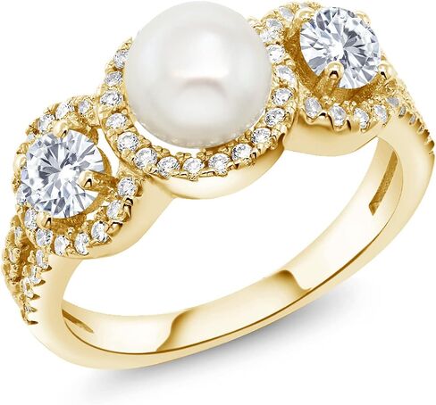 Gem Stone King 18K Yellow Gold Plated Silver Cultured Freshwater Pearl Ring Set with Near Colorless (GH) Round Moissanite (1.26 Cttw) in Kuwait