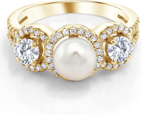 Gem Stone King 18K Yellow Gold Plated Silver Cultured Freshwater Pearl Ring Set with Near Colorless (GH) Round Moissanite (1.26 Cttw) in Kuwait