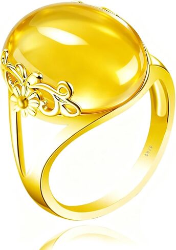 Oval Crystal Gemstone Floral Ring, 14K Gold Plated S925 Sterling Silver, Vintage Boho Statement Ring for Women in Kuwait