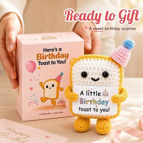 Handmade Crochet Toast Birthday Gift for Her Him Loved one– Cute Knitted Toast Figurine with Gift Card, Funny Small Birthday Present, Cozy Desk Shelf Decor Keepsake for Friends Family Coworkers in Kuwait