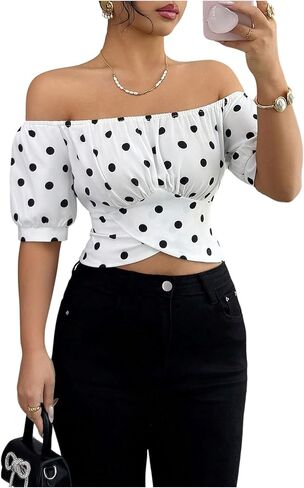 SHENHE Women's Off The Shoulder Top Polka Dots Tie Back Bow Short Sleeve Dressy Crop Blouse in Kuwait