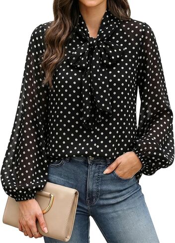 Wyeysyt Womens Polka Dot Blouse Bow Tie Neck Long Sleeve Shirts Chiffon Blouses Tops in Saudi Arabia
