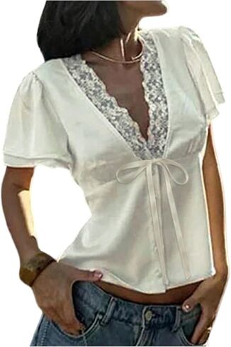 MakeMeChic Women's Short Sleeve Blouses Summer Dressy Lace V Neck Satin Tie Front Boho Crop Tops in Kuwait