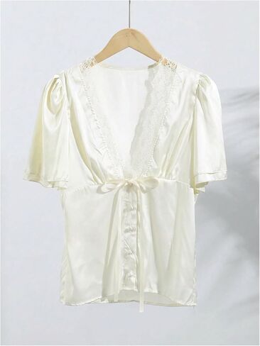 MakeMeChic Women's Short Sleeve Blouses Summer Dressy Lace V Neck Satin Tie Front Boho Crop Tops in Kuwait