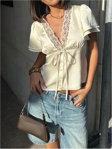 MakeMeChic Women's Short Sleeve Blouses Summer Dressy Lace V Neck Satin Tie Front Boho Crop Tops in Kuwait