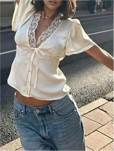 MakeMeChic Women's Short Sleeve Blouses Summer Dressy Lace V Neck Satin Tie Front Boho Crop Tops in Kuwait