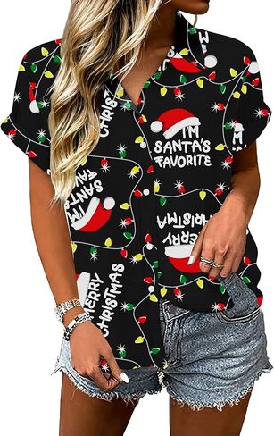 Christmas Hawaiian Shirts Women July Xmas Holiday Button Down Shirt Summer Santa Graphic Blouse Tops in Saudi Arabia